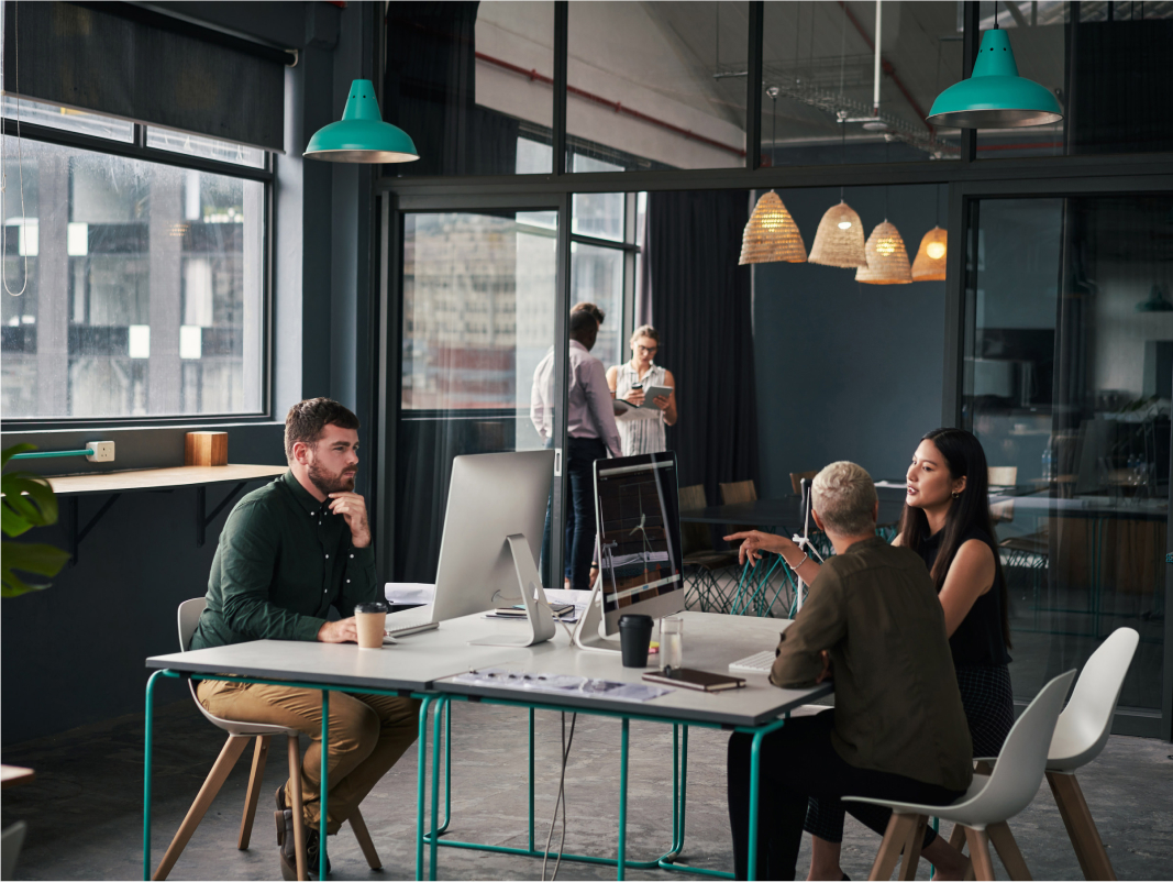 The ThinkStory team collaborating in their Rosebank workspace