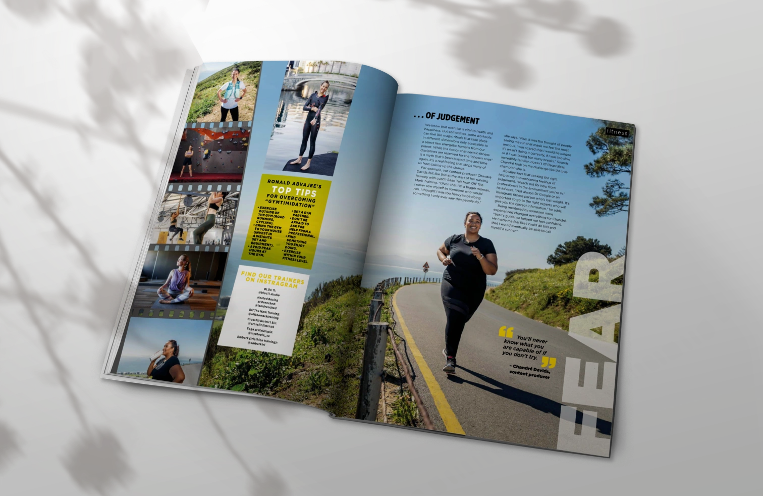 The Women's Health feature spread, open on the trail-running story